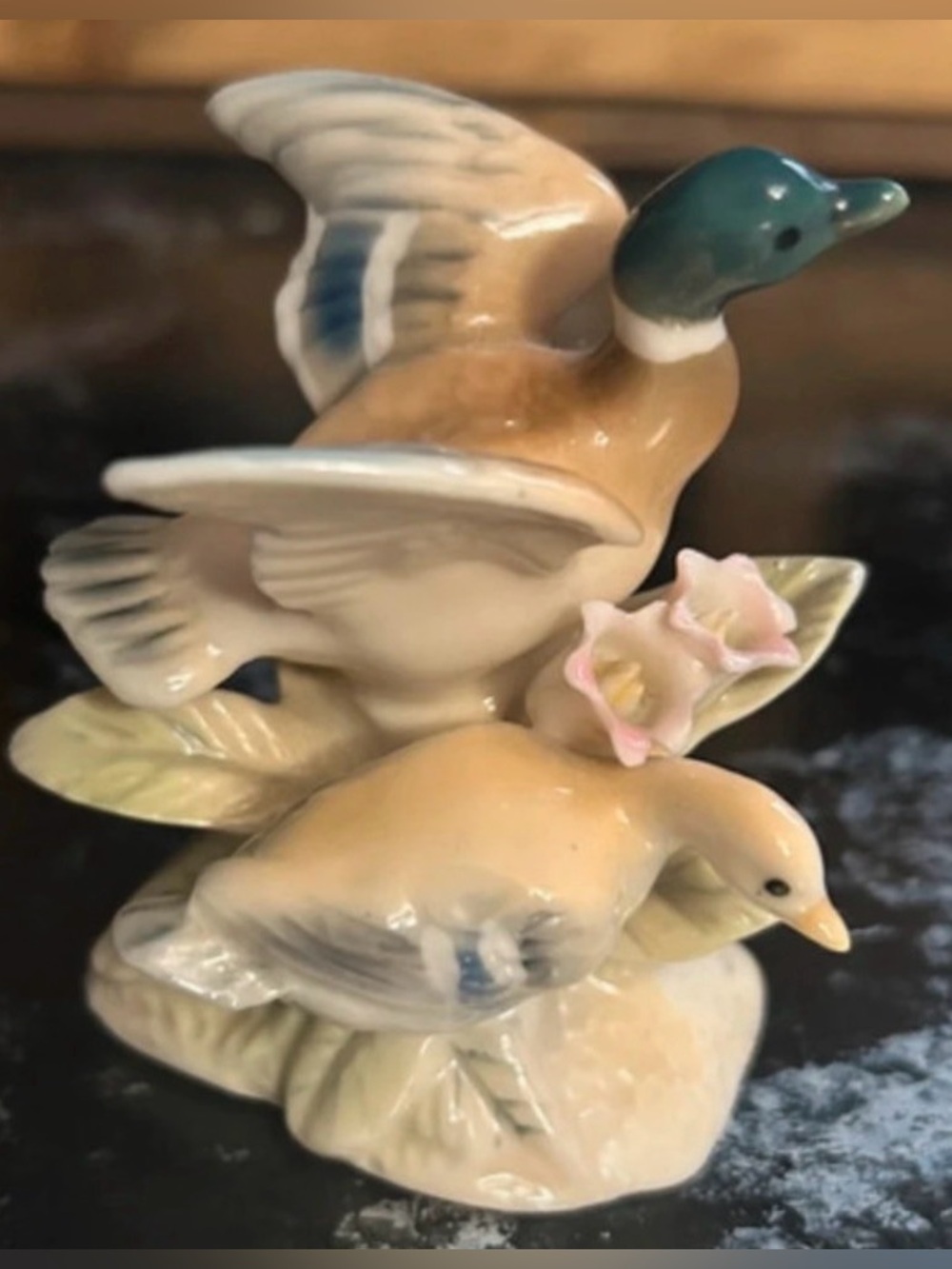 Porcelain Duck Figurine - Beige and Green Decorative Bird Sculpture